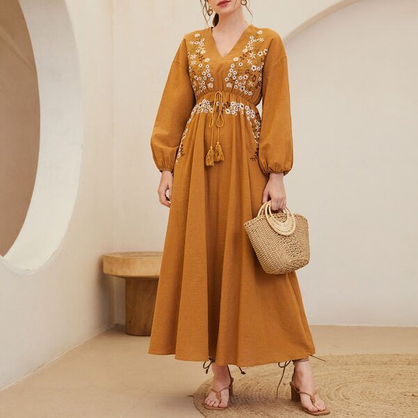 

Lantern Sleeve Knot Waist Floral Embroidery Dress, Brown