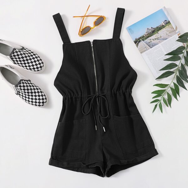 

Pocket Front Drawstring Waist Cuffed Pinafore Romper, Black