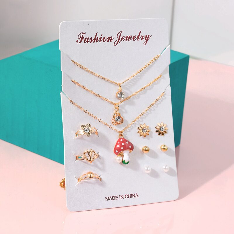 

12pcs Rhinestone & Mushroom Jewelry Set, Gold