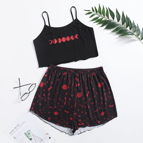 

Plus Galaxy Print Cami Pajama Set, Black