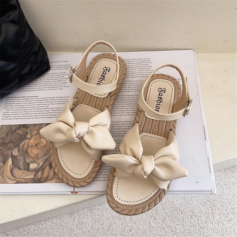 

Bow Knot Ankle Strap Sandals, Beige