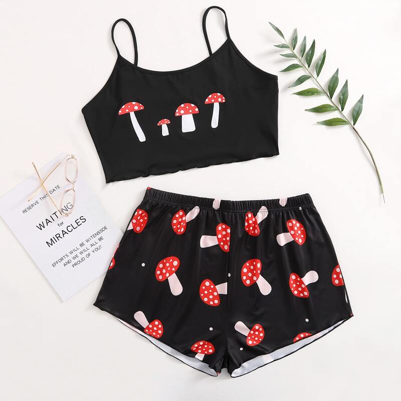 

Plus Mushroom Print Pajama Set, Black