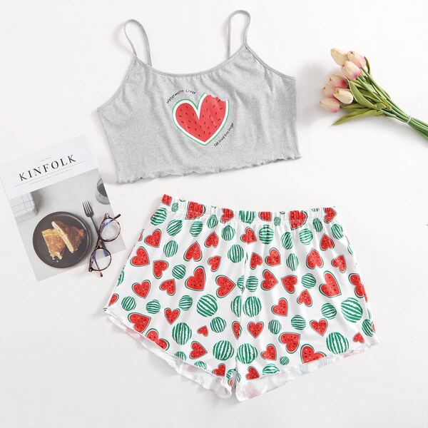 

Plus Watermelon And Heart Print PJ Set, Multicolor