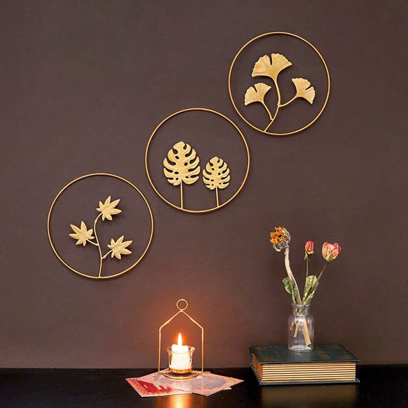 

1pc Leaf Design Round Wall Hanging, Gold
