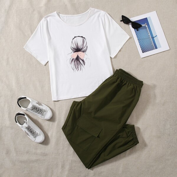 

Plus Figure Graphic Tee With Cargo Pants, Multicolor