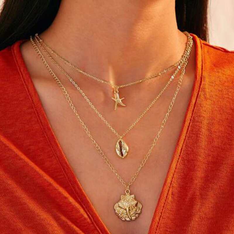 

1pc Shell Charm Layered Chain Necklace, Gold