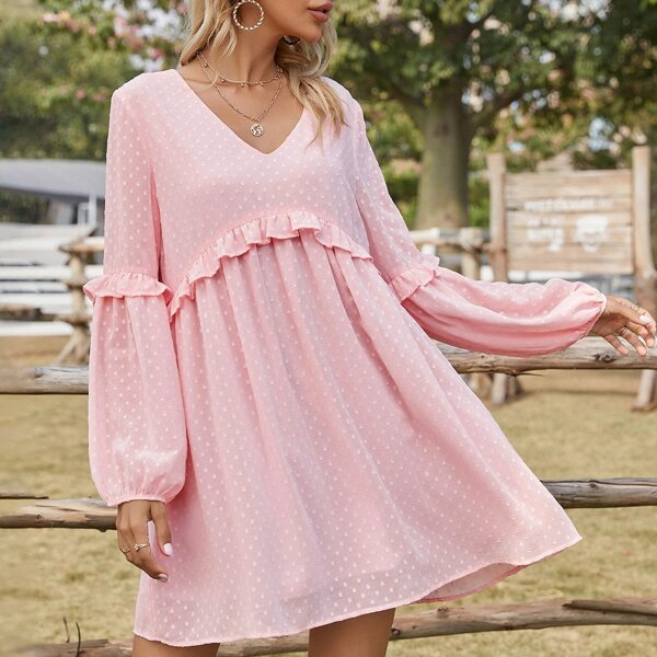 

Swiss Dot Ruffle Trim V-neck Smock Dress, Baby pink