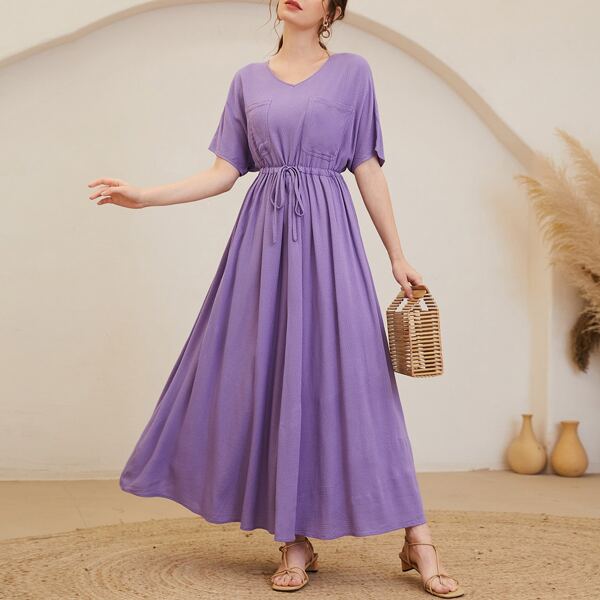 

Pocket Front Drawstring Waist Dress, Lilac purple