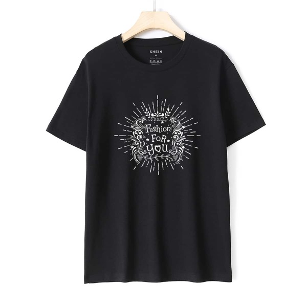 

Slogan Graphic Crew Neck Tee, Black