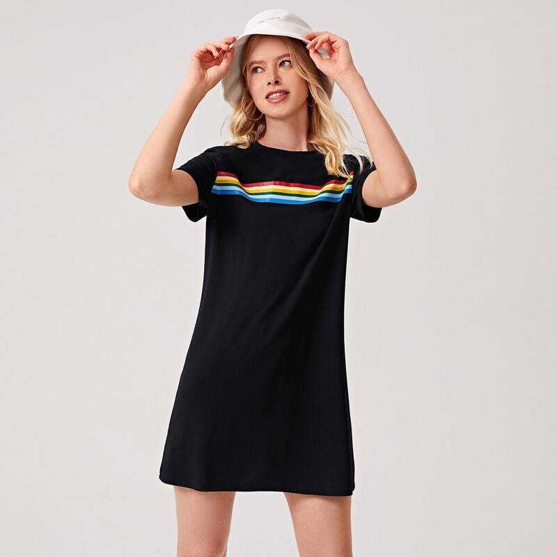 

Rainbow Stripe Tee Dress, Black