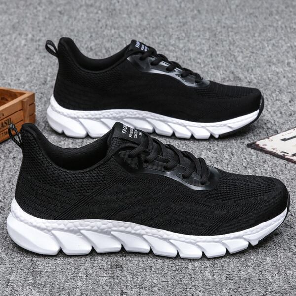 

Men Lace Up Front Knit Sneakers, Black and white