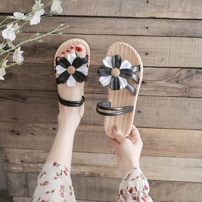 

Floral Applique Slide Sandals, Black