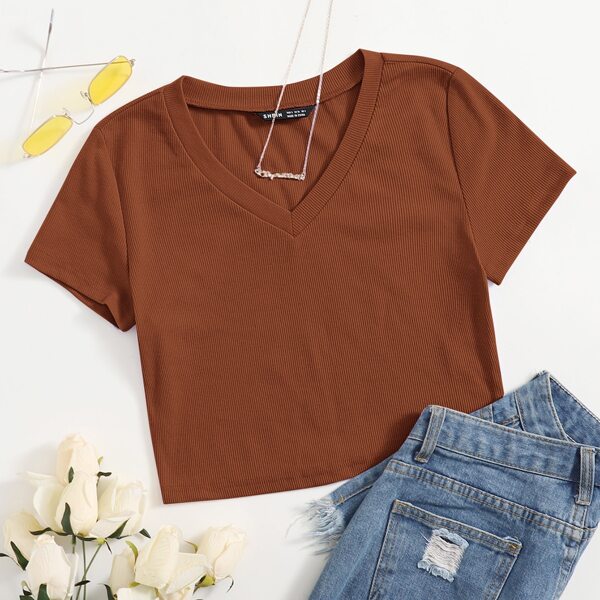 

V-neck Crop Tee, Rust brown