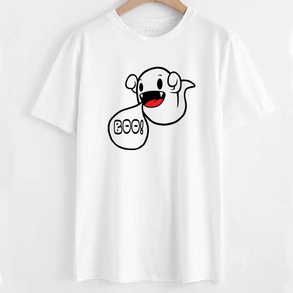 

Cartoon Ghost And Slogan Graphic Tee, White