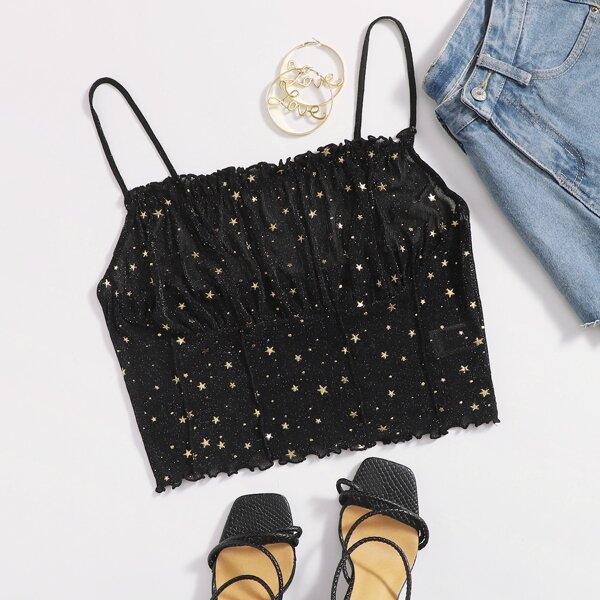 

Plus Lettuce Trim Galaxy Mesh Cami Top, Black