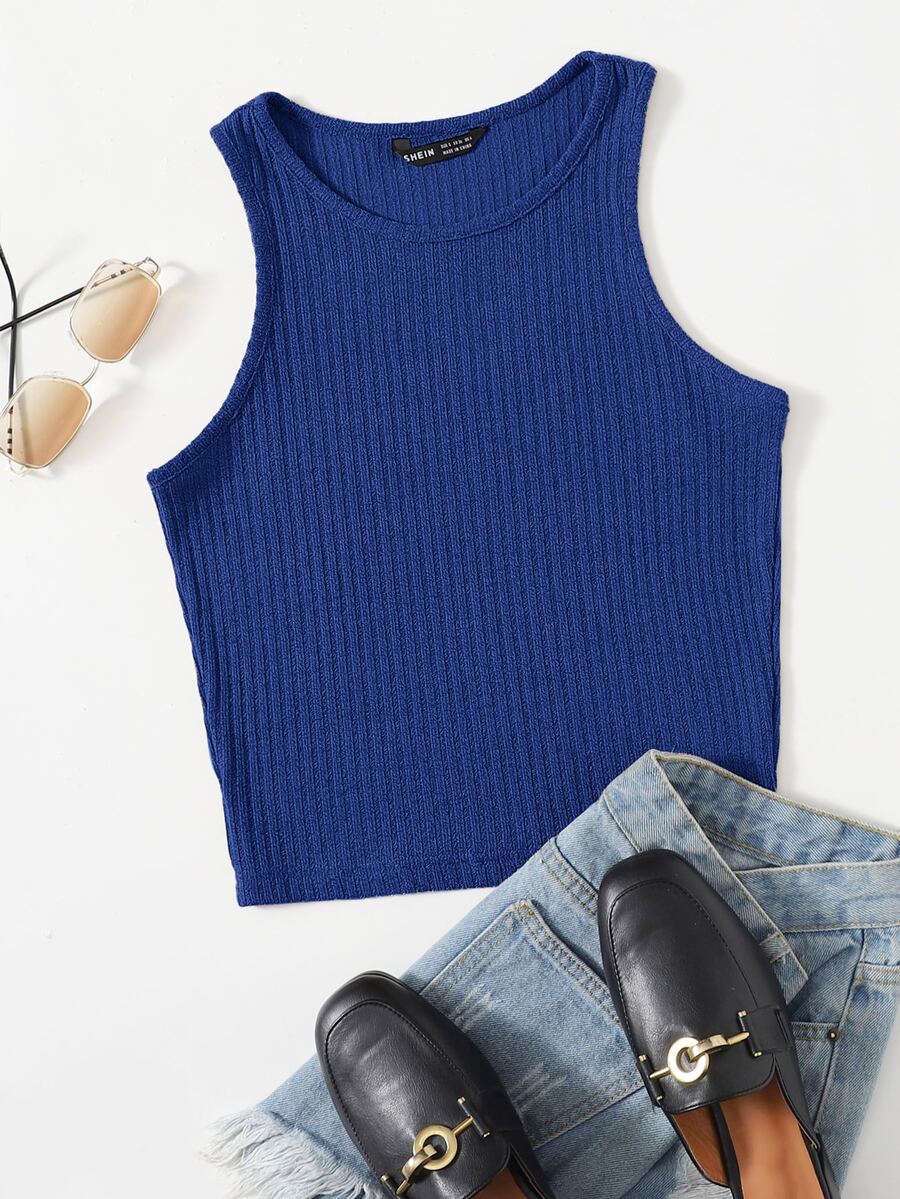 SHEIN EZwear Solid Rib-knit Tank Top - Royal Blue - View 1