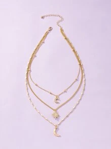 Moon & Star Pendant Layered Necklace