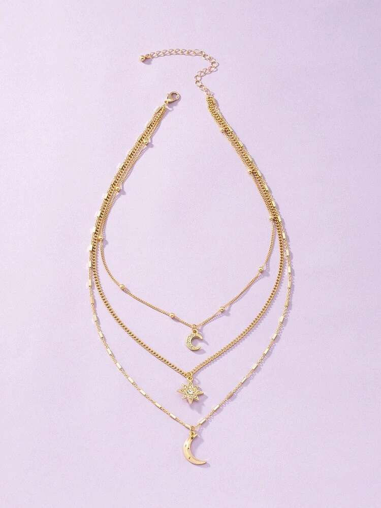 Moon & Star Pendant Layered Necklace
