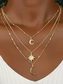 Moon & Star Pendant Layered Necklace