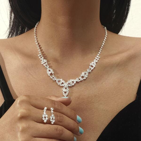 

3pcs Rhinestone Decor Jewelry Set, Silver