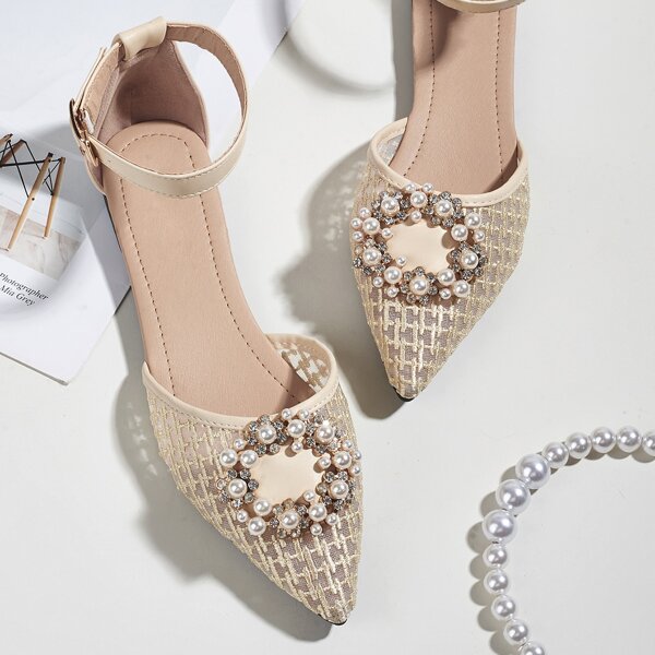 

Faux Pearl & Rhinestone Decor Ankle Strap Flats, Beige