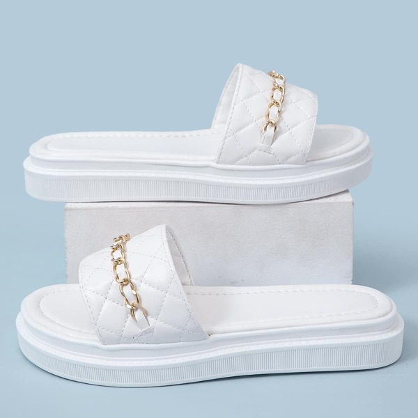 

Chain Decor Quilted Slide Sandals, White