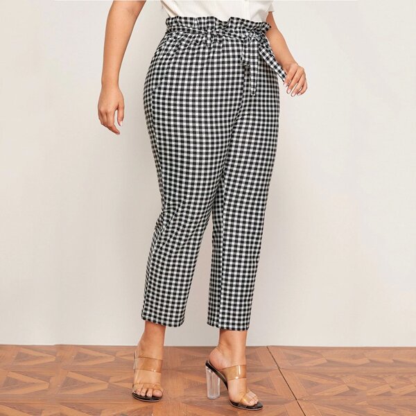 

Plus Gingham Paper Bag Waist Belt Pants, Black and white