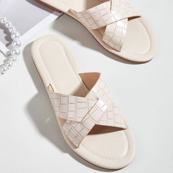 

Croc Embossed Cross Strap Slide Sandals, Beige