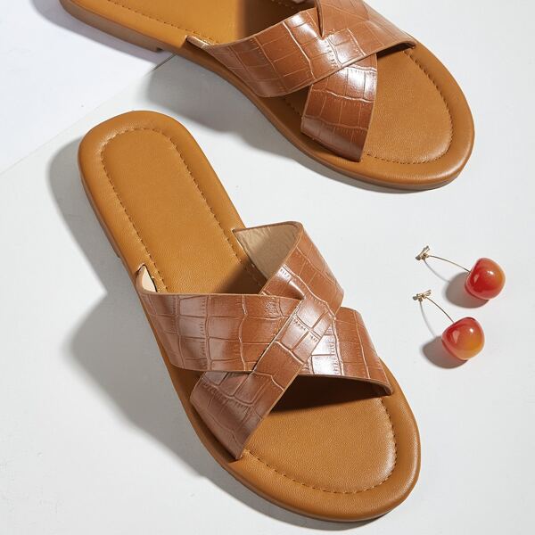 

Croc Embossed Cross Strap Slide Sandals, Brown