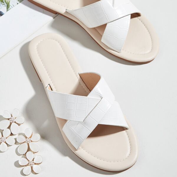 

Croc Embossed Cross Strap Slide Sandals, White