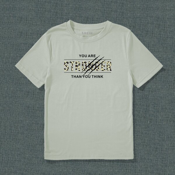 

Slogan & Leopard Print Tee, Mint green