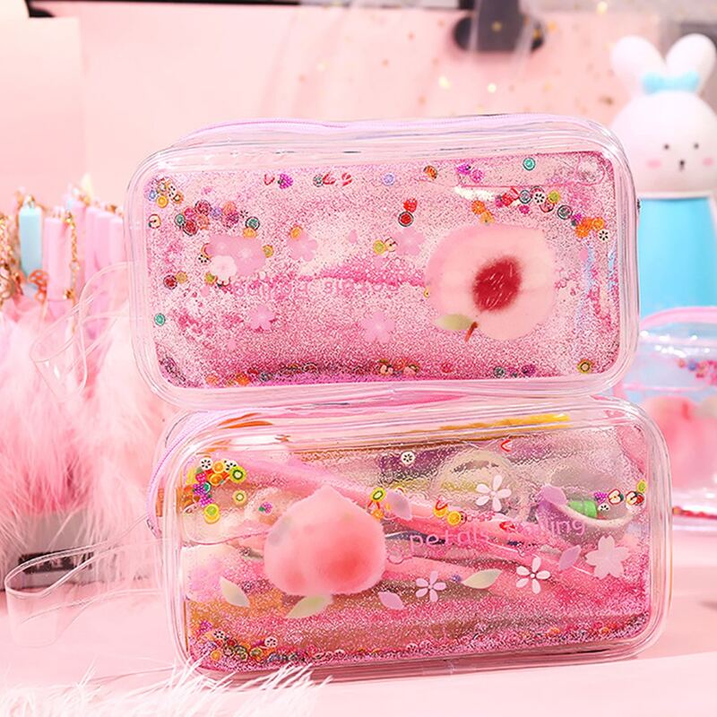 

1pc Random Glitter Peach Print Pencil Case, Multicolor