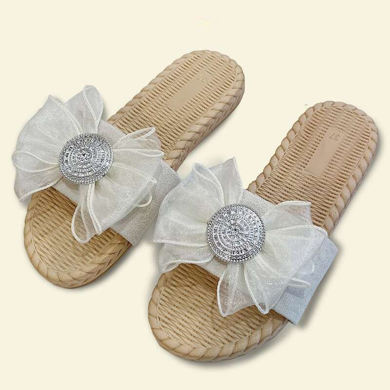 

Textured Coin & Bow Slide Sandals, Light grey