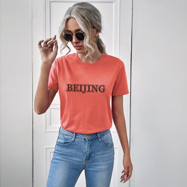 

Letter Graphic Crew Neck Tee, Coral orange