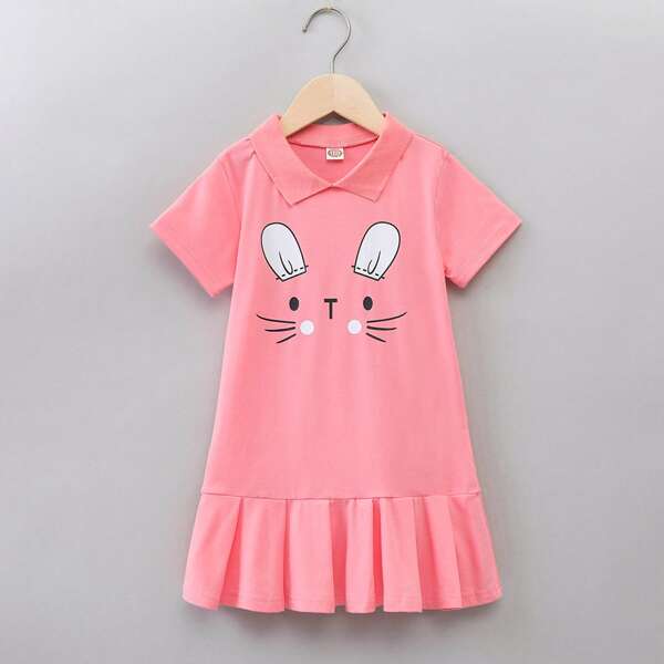 

Toddler Girls Cartoon Graphic Pleated Hem Dress, Watermelon pink
