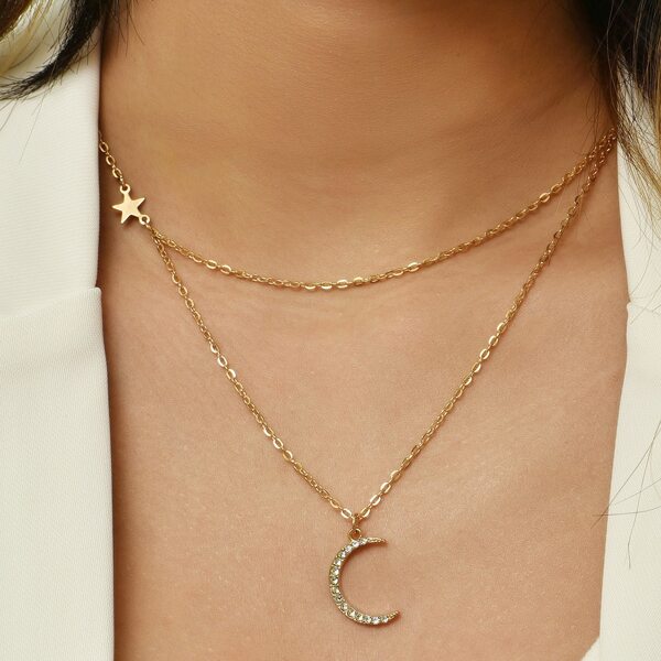 

Moon Pendant Layered Necklace, Gold
