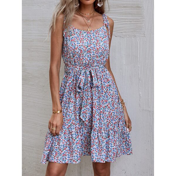 

Ditsy Floral Print Ruffle Hem Belted Cami Dress, Multicolor