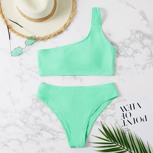 

One Shoulder Bikini Swimsuit, Mint green