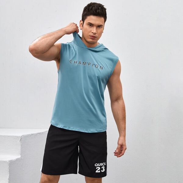 

Men Letter Graphic Hooded Sports Top, Cadet blue