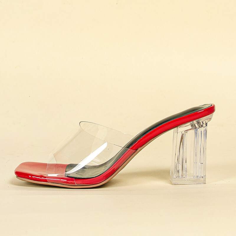 

Clear Chunky Heeled Mules, Red