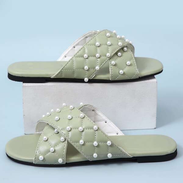 

Pearl Decor Quilted Slide Sandals, Green
