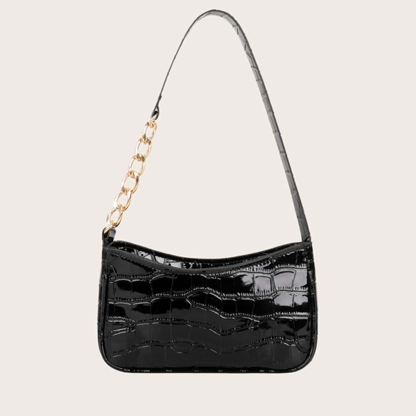 

Croc Embossed Baguette Bag, Black