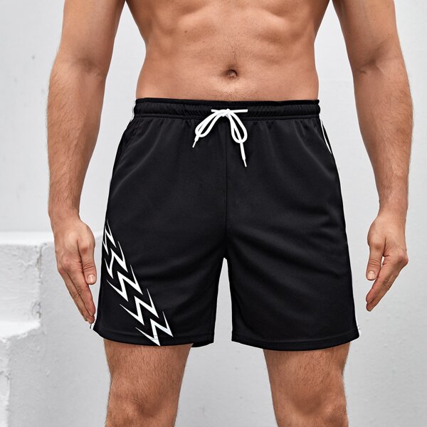 

Men Letter Graphic Drawstring Waist Sports Shorts, Black