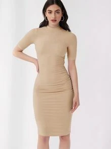 SHEIN Privé Vestido Ajustado Sólido Con Cuello Simulado - Caqui - Ver 2