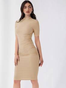 SHEIN Privé Vestido Ajustado Sólido Con Cuello Simulado - Caqui - Ver 3