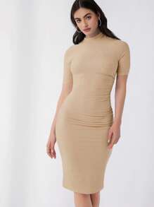 SHEIN Privé Vestido Ajustado Sólido Con Cuello Simulado - Caqui - Ver 5