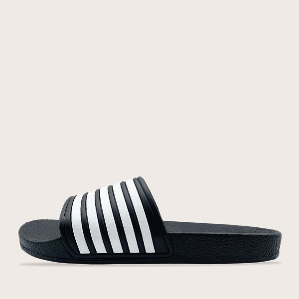 

Open Toe Striped Slides, Black and white