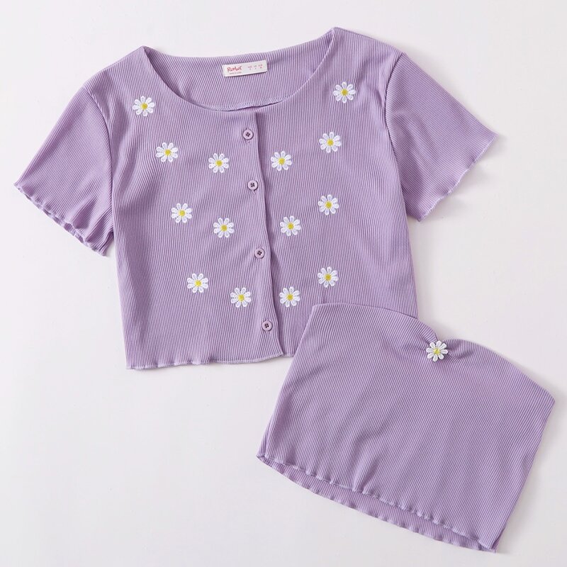 

Daisy Embroidery Crop Tube Top & Button Front Tee, Purple