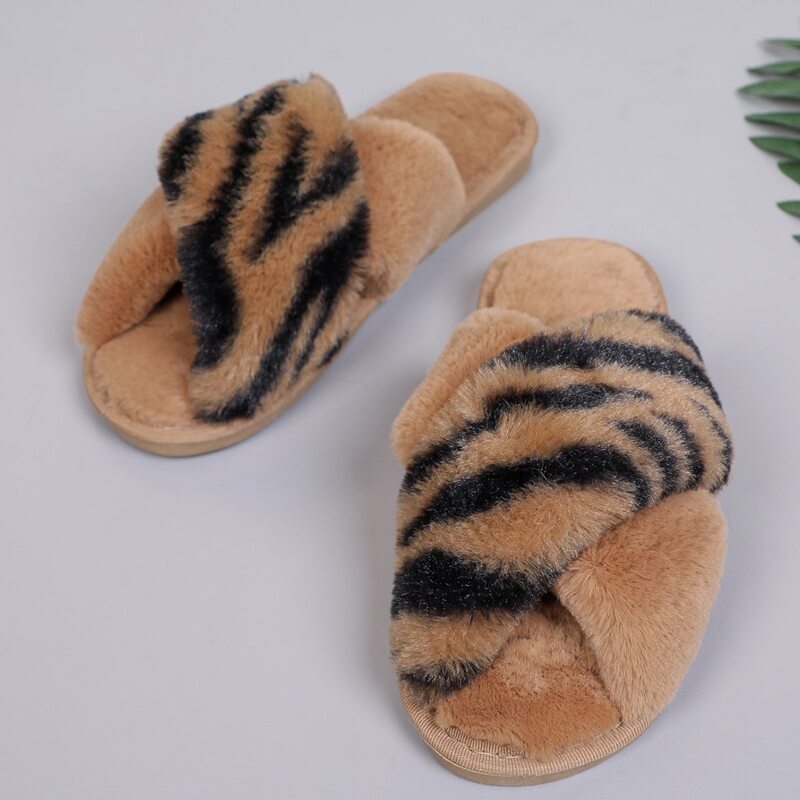 

Tiger Striped Fluffy Slippers, Brown
