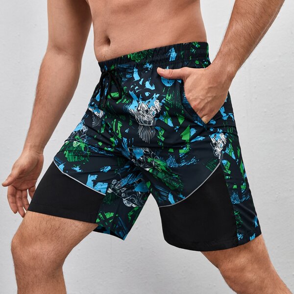 

Men Car Print Slant Pocket Sports Shorts, Black
